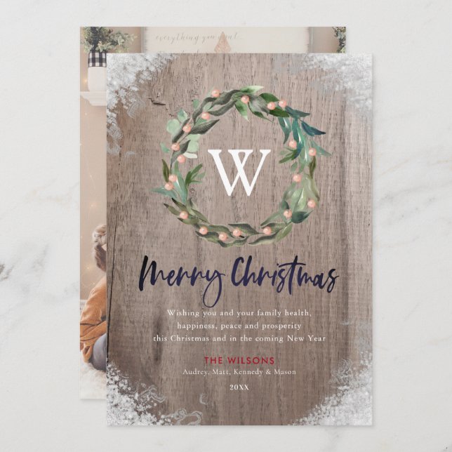 Frohe Weihnachts Monogram Wreath Wood Foto Card Einladung (Vorne/Hinten)