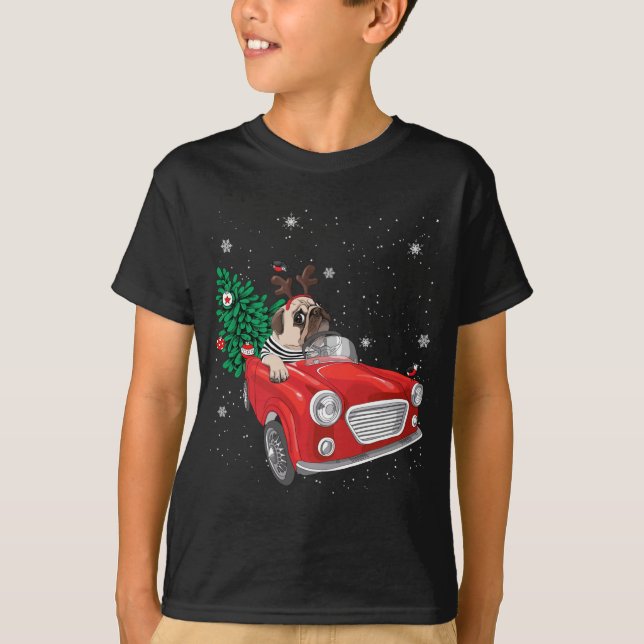 Frohe Weihnachts-Mops Hund Red Truck Xmas Tree Lig T-Shirt (Vorderseite)
