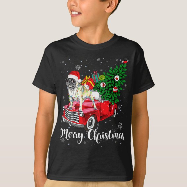 Frohe Weihnachts-Mops Lover Santa Light Red Truck  T-Shirt (Vorderseite)