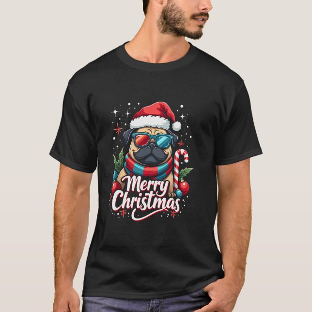 Frohe Weihnachts-Mops Sonnenbrille Weihnachtsmannm T-Shirt (Vorderseite)