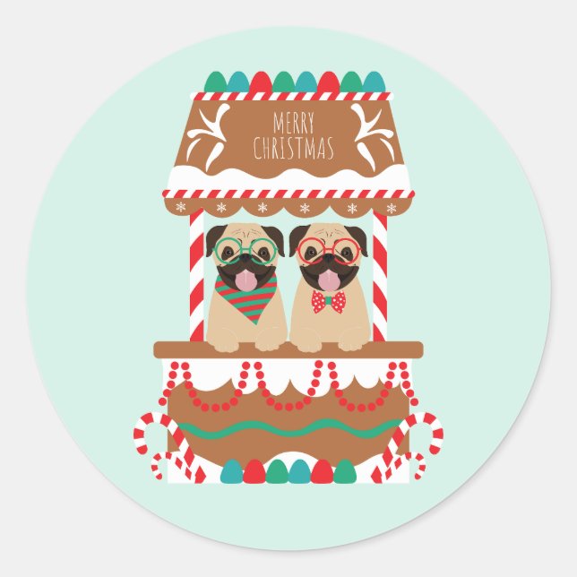 Frohe Weihnachts-Mops Weihnachtsständer Hunde Runder Aufkleber (Vorderseite)