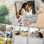 Frohe Weihnachts-Multi-Foto-Familie rustikales Hol Dreifach Gefaltete Urlaubskarte<br><div class="desc">Rustikaler Landstil Frohe Weihnachten rot gebürstete Drehbuch Familie Jahr in Rezension 8 Foto Collage Galerie graue Stallenholz Ferienkarte mit Ihrem individuellen personalisierten Text.</div>