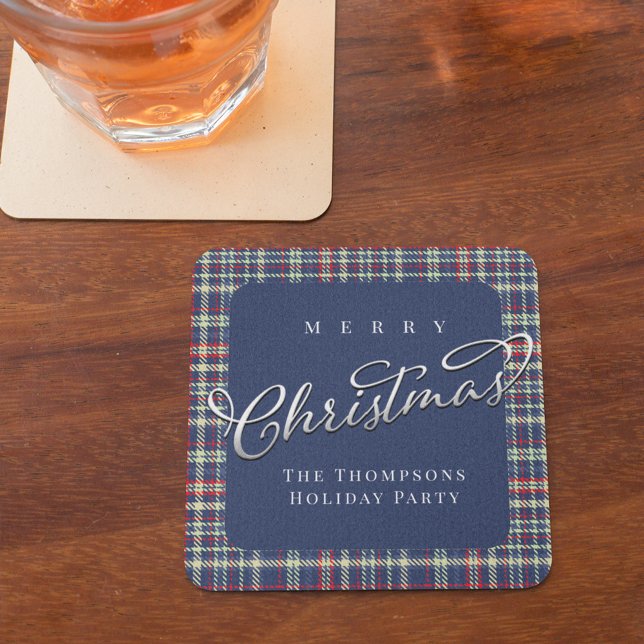 Frohe Weihnachts Navy Blue Calligraphy Script Kari Rechteckiger Pappuntersetzer (Merry Christmas navy blue plaid pattern paper coaster)