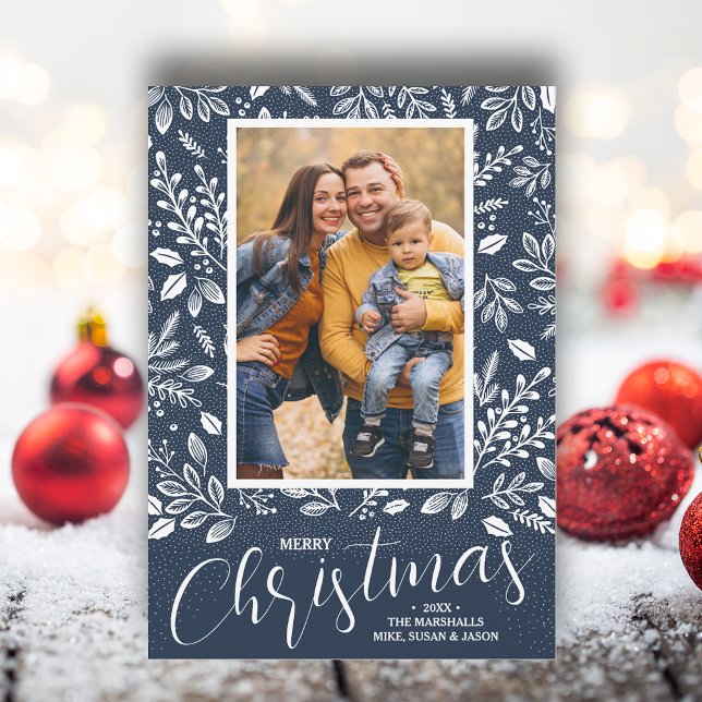 Frohe Weihnachts Navy Blue Foto Feiertagskarte (White botanicals on blue Merry Christmas photo holiday cards, PRINTED and/or INSTANT DOWNLOAD)