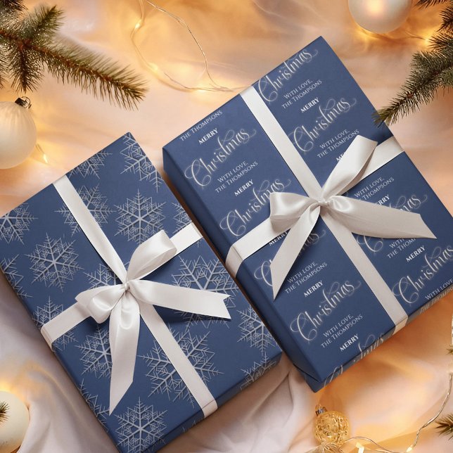 Frohe Weihnachts Navy Blue Personalisiert Geschenkpapier Set (Merry Christmas navy blue and silver wrapping paper. )