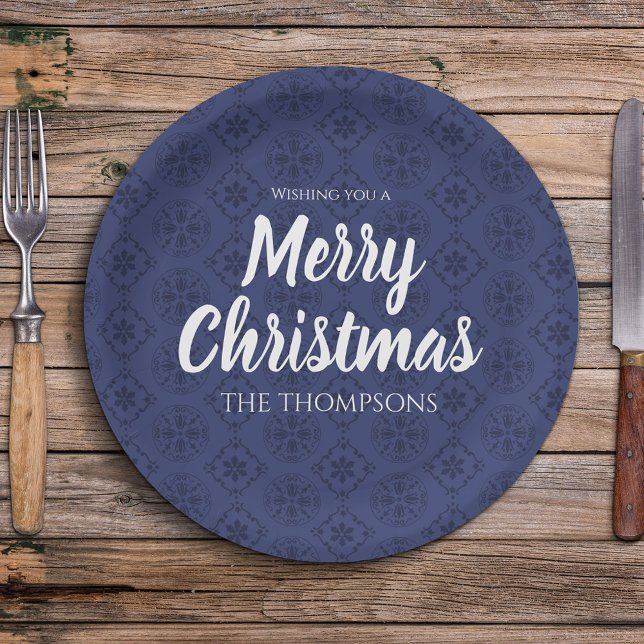 Frohe Weihnachts Navy Blue Simple Snowflake Muster Pappteller (Merry Christmas whimsical calligraphy script Navy Blue paper plate. )