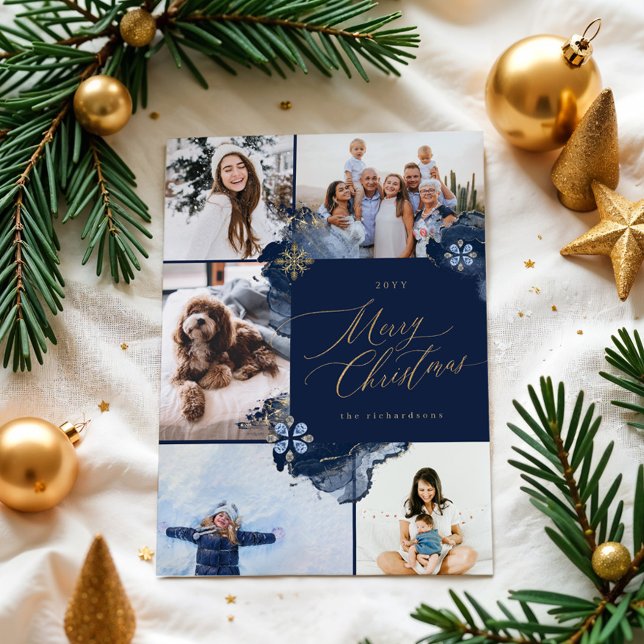 Frohe Weihnachts-Navy Gold Juwelen Foto Collage Feiertagskarte (Merry Christmas Navy Gold Jewels Photo Collage Holiday Card)