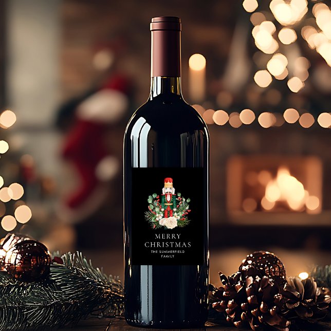 Frohe Weihnachts Nutcracker Script botanische Cust Weinetikett (Merry Christmas Nutcracker Script Botanical Custom Wine Label)