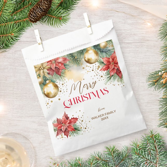 Frohe Weihnachts-Party Geschenktütchen (Merry Christmas dinner party Favor Bag watercolor pines red poinsettia gold baubles)
