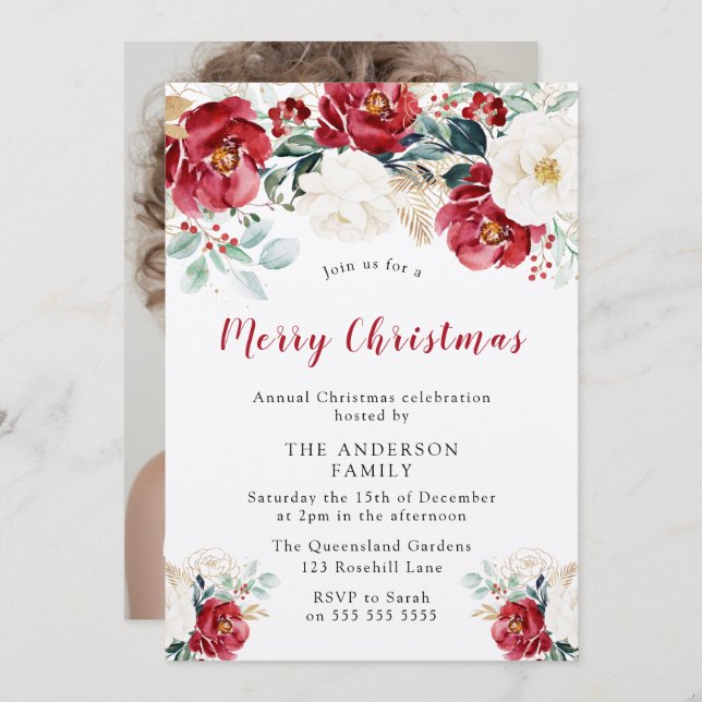 Frohe Weihnachts-Party Shimmer Burgund Rote Blume Einladung (Vorne/Hinten)