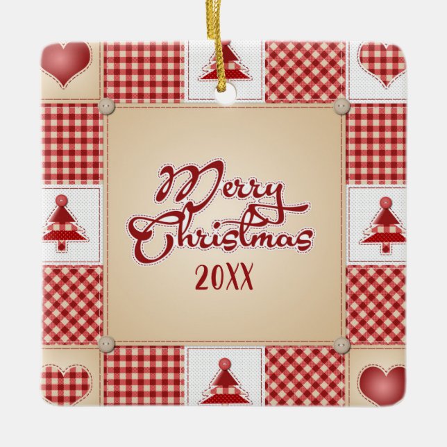 Frohe Weihnachts-Patchwork-Ornament Keramikornament (Vorderseite)