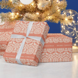 Frohe Weihnachts Peach Damask Muster anpassbar Geschenkpapier