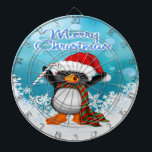 Frohe Weihnachts Penguin Dart Board Dartscheibe<br><div class="desc">Die fröhliche WeihnachtsPenguin Dart Board ist mit einem dekorativen türkisfarbenen Hintergrund mit Schnee und Schneeflocken ausgestattet. Ein Happy Pinguin mit einem bunten Bonbonstock in einer Weihnachtsmannmütze. Dekorativer blau-weißer Text ist frohe Weihnachten. Ideal für Weihnachts-Party-Spiele! Umfasst 6 Messingdarts (3 amerikanische Dart-Flüge und 3 britische Dart-Flüge). Platine im Regelformat (18" Durchmesser, 1"...</div>
