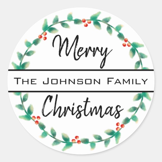 Frohe Weihnachts Persönlicher Familienname Holly W Runder Aufkleber (Vorderseite)