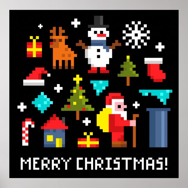 Frohe Weihnachts-Pixel-Cartoon Poster (Vorne)