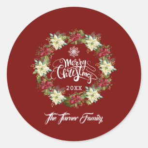 Frohe Weihnachts-Poinsettia-Wreath-Monogramm Runder Aufkleber