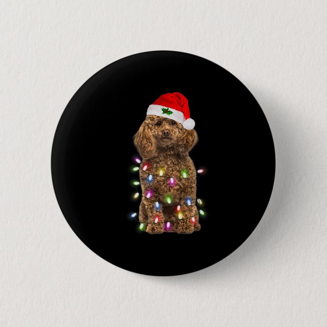 Frohe Weihnachts Poodle Weihnachtsmannmütze Lights Button (Vorderseite)
