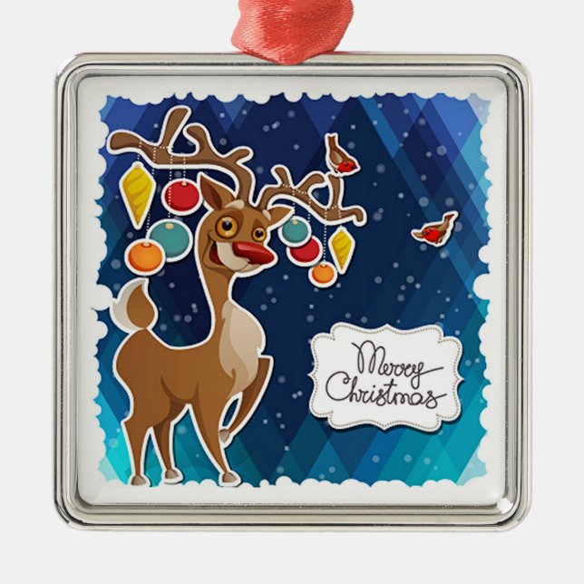 Frohe Weihnachts-Prancing-Rentier Silbernes Ornament (Vorne)