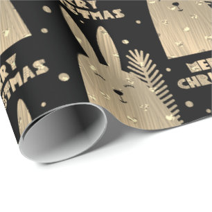 Frohe Weihnachts Rabbit Sepia Gold Metallic Black Geschenkpapier