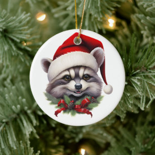 Frohe Weihnachts-Raccoon in Weihnachtsmannmütze Ho Keramik Ornament