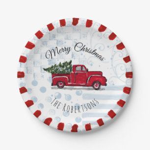 Frohe Weihnachts Red Antique Truck Papier Platte Pappteller