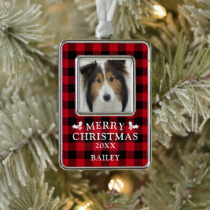 Frohe Weihnachts Red Buffalo Karo Dog Foto Rahmen-Ornament Silber