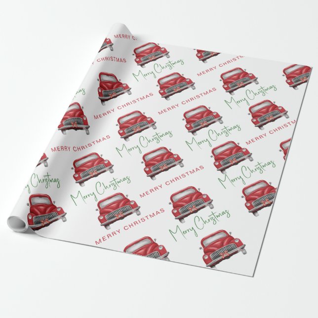 Frohe Weihnachts Red Car Musterschrift Geschenkpapier (Ungerollt)