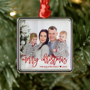 Frohe Weihnachts Red Glitzer Script Custom Foto Ornament Aus Metall