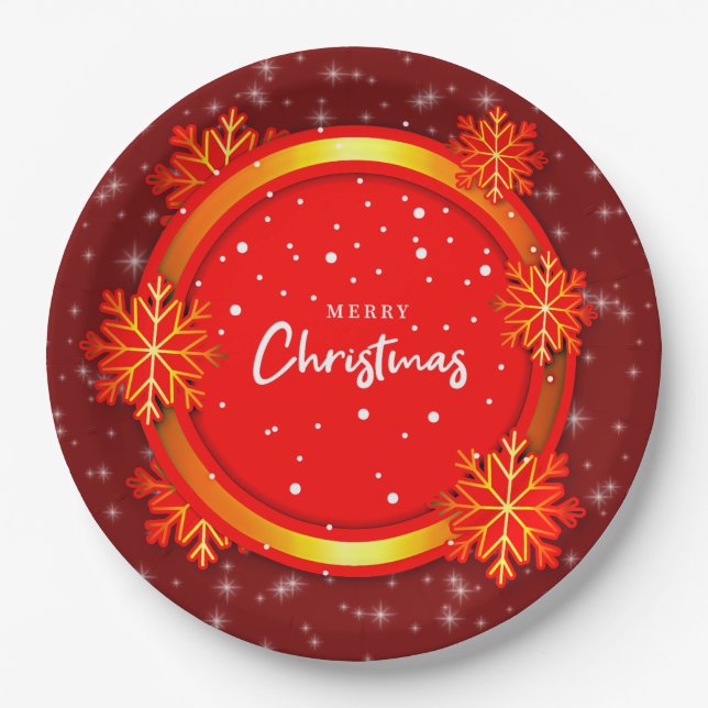 Frohe Weihnachts Red Gold Snowflakes 9" Papierplat Pappteller (Vorderseite)