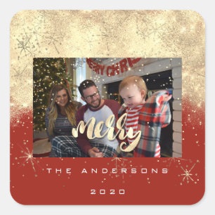 Frohe Weihnachts Red Gold Stars Spark Foto Name Quadratischer Aufkleber