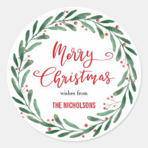 Frohe Weihnachts Red Handwriting Skript Kranz Runder Aufkleber