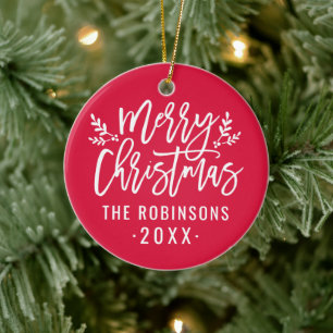 Frohe Weihnachts Red Script Custom Family Foto Keramikornament