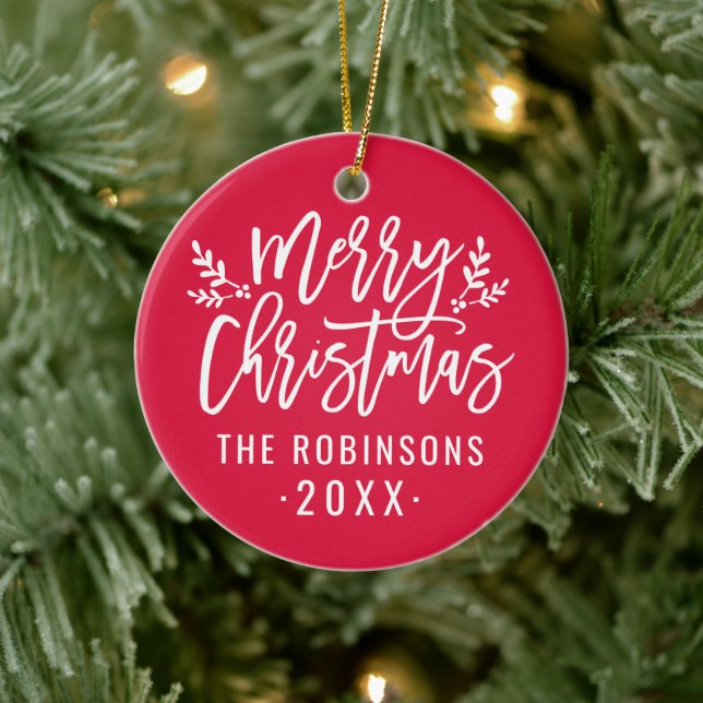 Frohe Weihnachts Red Script Custom Family Foto Keramikornament (Baum)