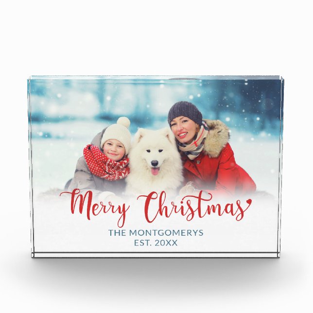 Frohe Weihnachts Red Script Familie Hund Foto Bloc (Vorderseite)