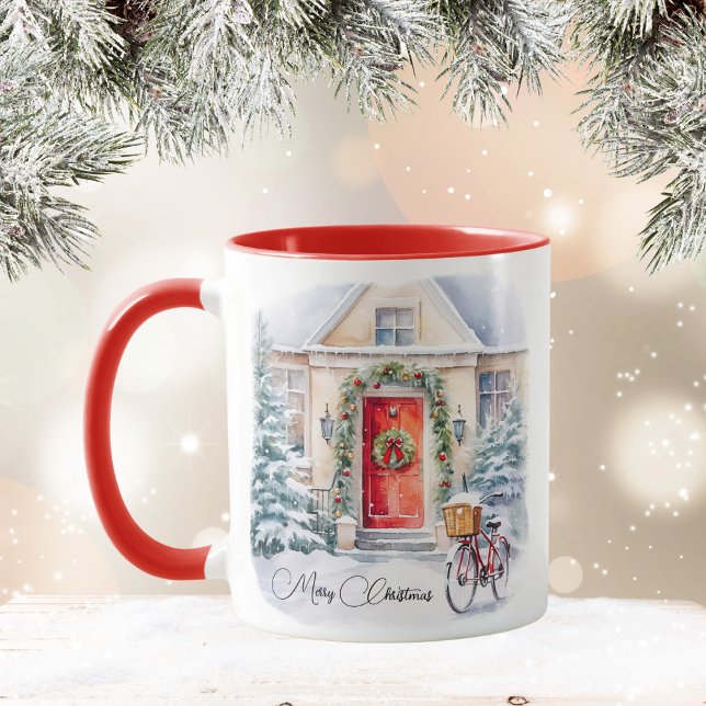 Frohe Weihnachts Red Snowy Hütte Kaffee Tasse (Von Creator hochgeladen)