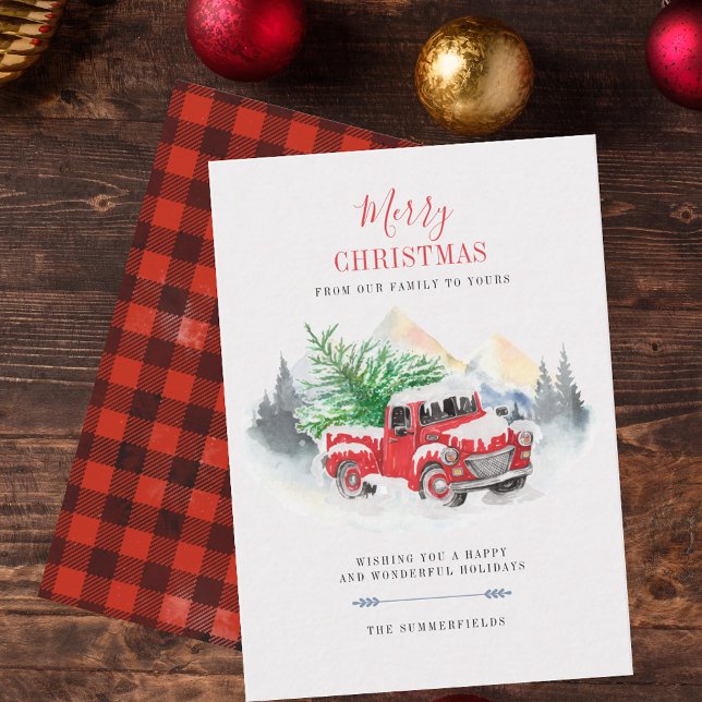 Frohe Weihnachts Red Truck Buffalo Familienkarte Mitteilungskarte (Merry Christmas Red Truck Plaid Rustic Red Black Holiday Greetings)