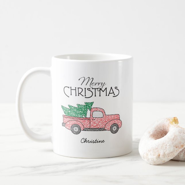 Frohe Weihnachts Red Truck Green Tree mit Namen Kaffeetasse (Mit Donut)
