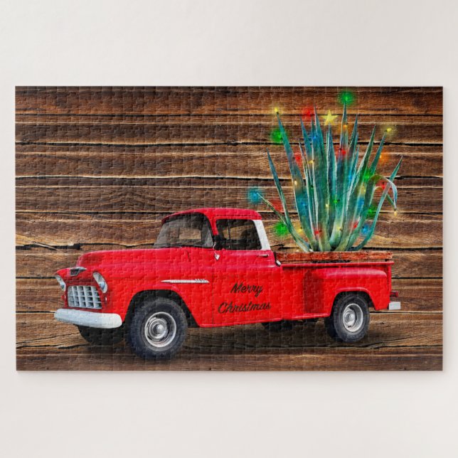 Frohe Weihnachts Red Truck mit Agave Tree & Lights Puzzle (Horizontal)
