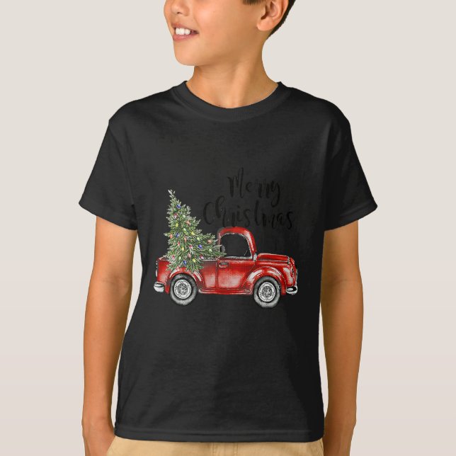 Frohe Weihnachts Red Truck Tree Light Familie T-Shirt (Vorderseite)