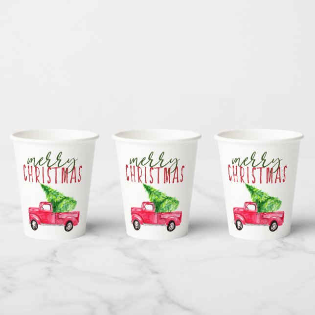 Frohe Weihnachts Red Truck Typografie Tree Festiva Pappbecher (Multi)
