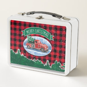Frohe Weihnachts Red Vintag Truck Buffalo Kariert Metall Lunch Box