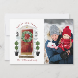 Frohe Weihnachts Red Watercolor Front Door Foto Feiertagskarte