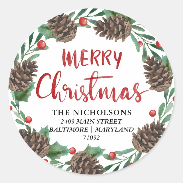 Frohe Weihnachts Red Watercolor Pinecones Adresse Runder Aufkleber (Vorderseite)