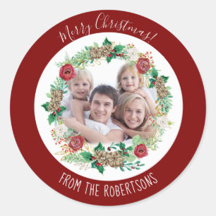 Frohe Weihnachts Red Watercolor Wreath Family Foto Runder Aufkleber