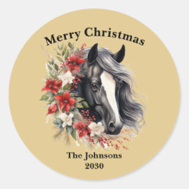 Frohe Weihnachts Regal Black Horse Brown Wreath Runder Aufkleber