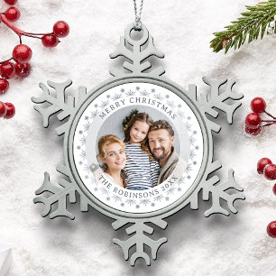 Frohe Weihnachts Regal Custom Foto Stilvoll Silber Schneeflocken Zinn-Ornament