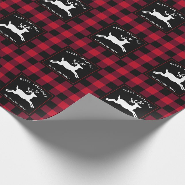 Frohe Weihnachts Reindeer Red Black Buffalo Karo Geschenkpapier (Ecke)