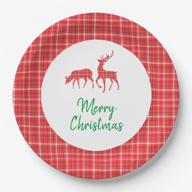 Frohe Weihnachts Reindeer Red White Twill Kariert Pappteller (Vorderseite)