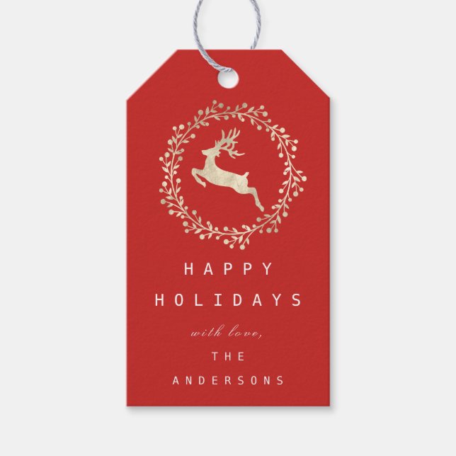 Frohe Weihnachts-Rentier Champaigne Gold Red Geschenkanhänger (Vorderseite)