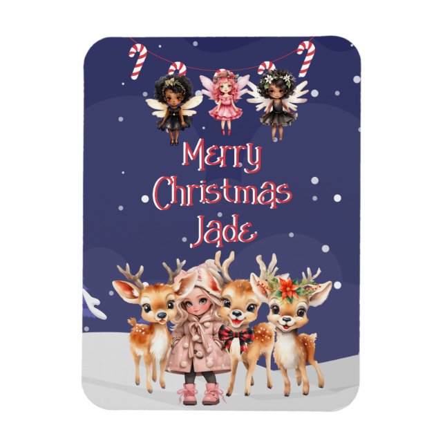 Frohe Weihnachts-Rentier Peppermint Fairy mit Name Magnet (Vertikal)